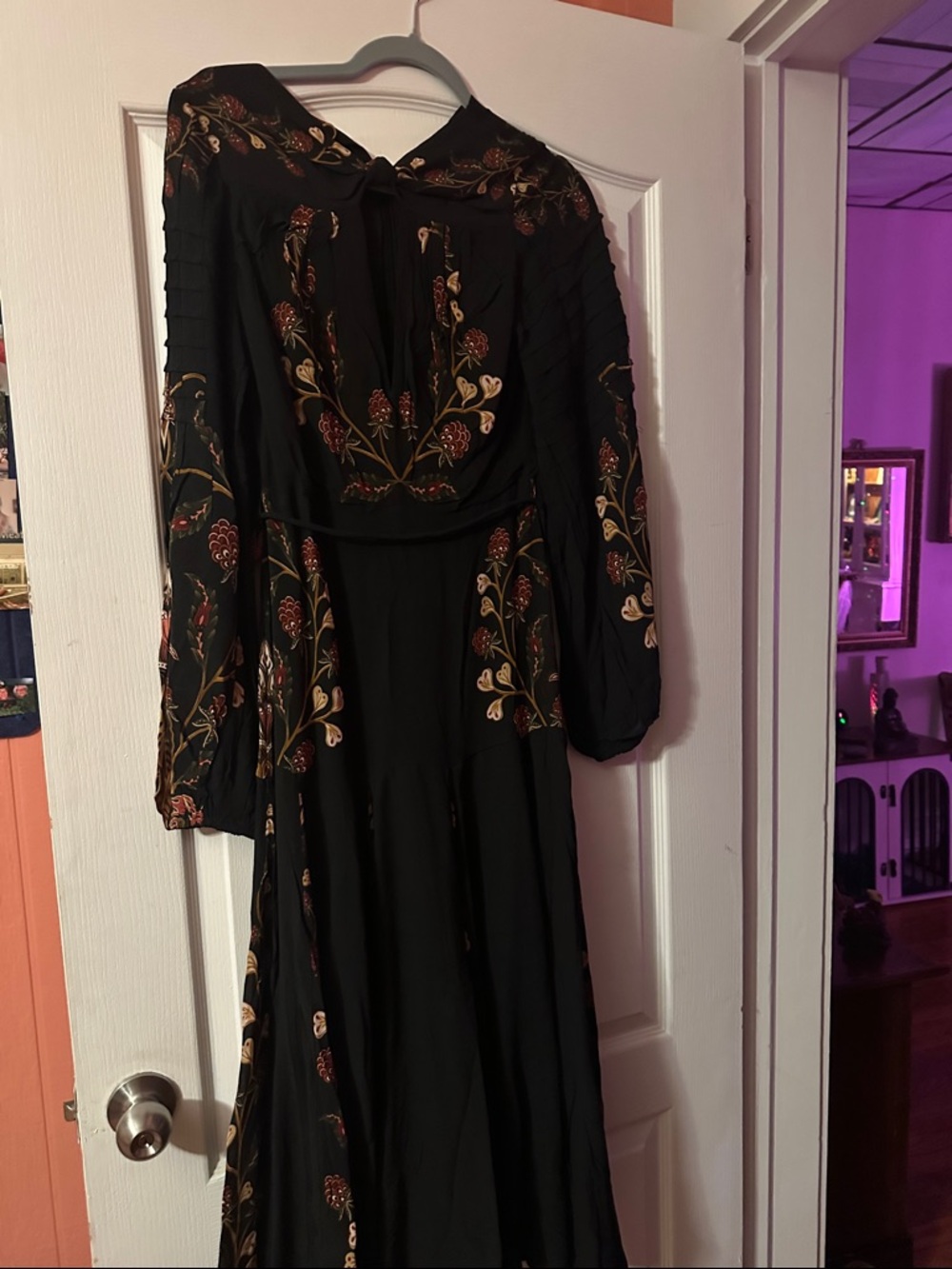 FARM Rio Black Floral Long-Sleeve Maxi Dress with Red & Cream Accents